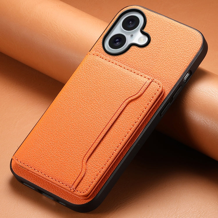 For iPhone 16 Plus Calf Texture Card Bag Design Full Coverage Phone Case(Orange) - iPhone 16 Plus Cases by buy2fix | Online Shopping UK | buy2fix