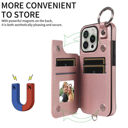 For iPhone 16 Pro Rhombic Texture Card Bag Phone Case with Short Lanyard(Rose Gold) - iPhone 16 Pro Cases by buy2fix | Online Shopping UK | buy2fix