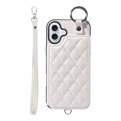 For iPhone 16 Plus Rhombic Texture Card Bag Phone Case with Short Lanyard(White) - iPhone 16 Plus Cases by buy2fix | Online Shopping UK | buy2fix