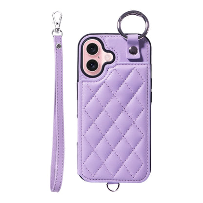 For iPhone 16 Rhombic Texture Card Bag Phone Case with Short Lanyard(Purple) - iPhone 16 Cases by buy2fix | Online Shopping UK | buy2fix