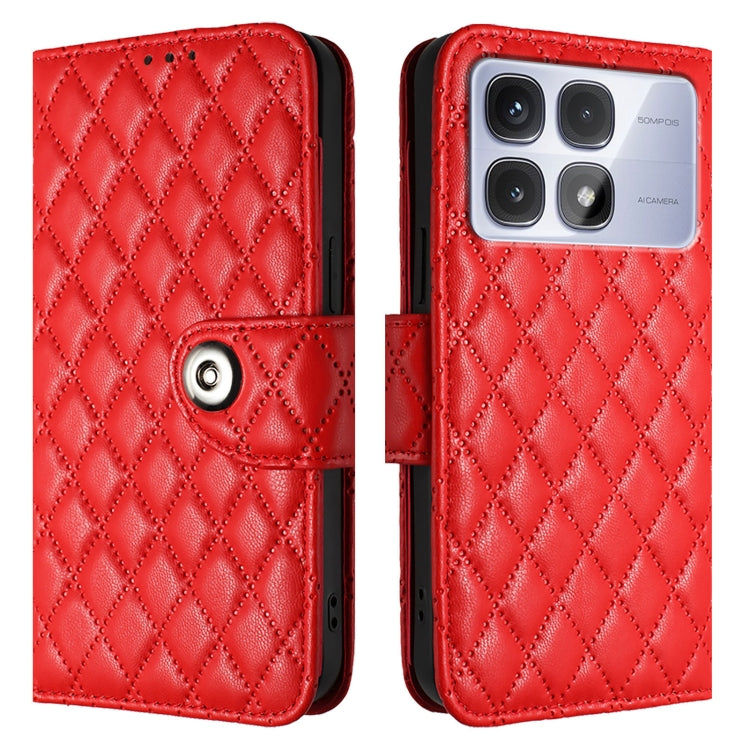 For Redmi K70 Ultra 5G Global Rhombic Texture Flip Leather Phone Case with Lanyard(Red) - Xiaomi Cases by buy2fix | Online Shopping UK | buy2fix