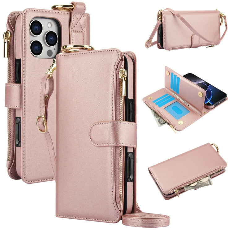 For iPhone 16 Pro Max Crossbody Ring Multifunctional Wallet Leather Phone Case(Rose Gold) - iPhone 16 Pro Max Cases by buy2fix | Online Shopping UK | buy2fix