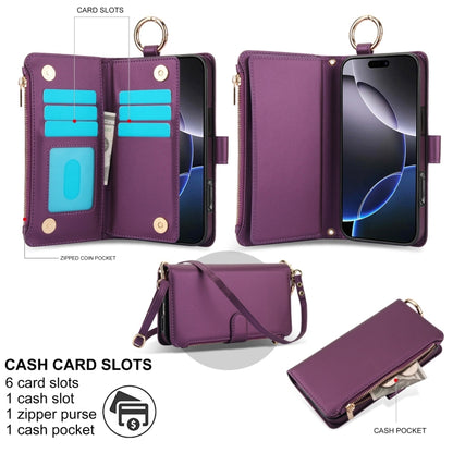 For iPhone 16 Pro Crossbody Ring Multifunctional Wallet Leather Phone Case(Dark Purple) - More iPhone Cases by buy2fix | Online Shopping UK | buy2fix