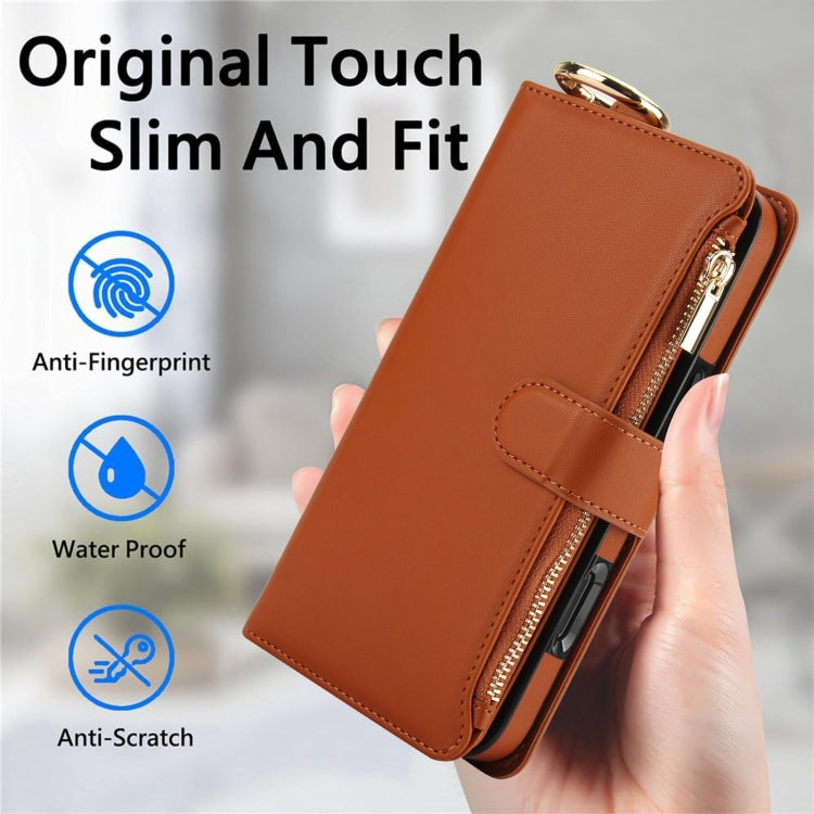 For iPhone 16 Pro Crossbody Ring Multifunctional Wallet Leather Phone Case(Brown) - More iPhone Cases by buy2fix | Online Shopping UK | buy2fix