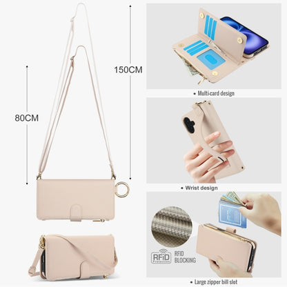 For iPhone 16 Plus Crossbody Ring Multifunctional Wallet Leather Phone Case(White) - iPhone 16 Plus Cases by buy2fix | Online Shopping UK | buy2fix