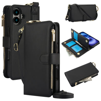 For iPhone 16 Crossbody Ring Multifunctional Wallet Leather Phone Case(Black) - iPhone 16 Cases by buy2fix | Online Shopping UK | buy2fix