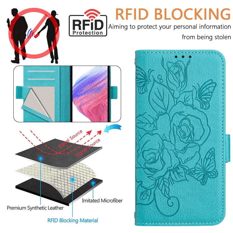 For iPhone 16 Embossed Rose RFID Anti-theft Leather Phone Case(Light Blue) - iPhone 16 Cases by buy2fix | Online Shopping UK | buy2fix