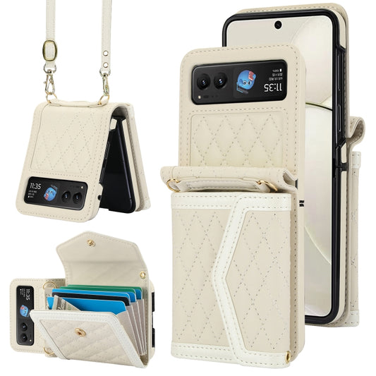 For Motorola Razr 40 Splicing Rhombic Texture Phone Case with Long & Short Lanyard(Beige) - Motorola Cases by buy2fix | Online Shopping UK | buy2fix