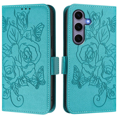 For Samsung Galaxy S25 5G Embossed Rose RFID Anti-theft Leather Phone Case(Light Blue) - Galaxy S25 5G Cases by buy2fix | Online Shopping UK | buy2fix