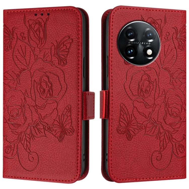 For OnePlus 11 Embossed Rose RFID Anti-theft Leather Phone Case(Red) - OnePlus Cases by buy2fix | Online Shopping UK | buy2fix