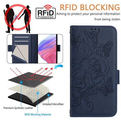 For OnePlus 12 5G Embossed Rose RFID Anti-theft Leather Phone Case(Dark Blue) - OnePlus Cases by buy2fix | Online Shopping UK | buy2fix