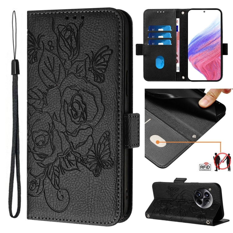 For OnePlus 12 5G Embossed Rose RFID Anti-theft Leather Phone Case(Black) - OnePlus Cases by buy2fix | Online Shopping UK | buy2fix