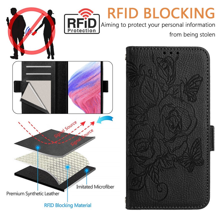 For OnePlus 12 5G Embossed Rose RFID Anti-theft Leather Phone Case(Black) - OnePlus Cases by buy2fix | Online Shopping UK | buy2fix