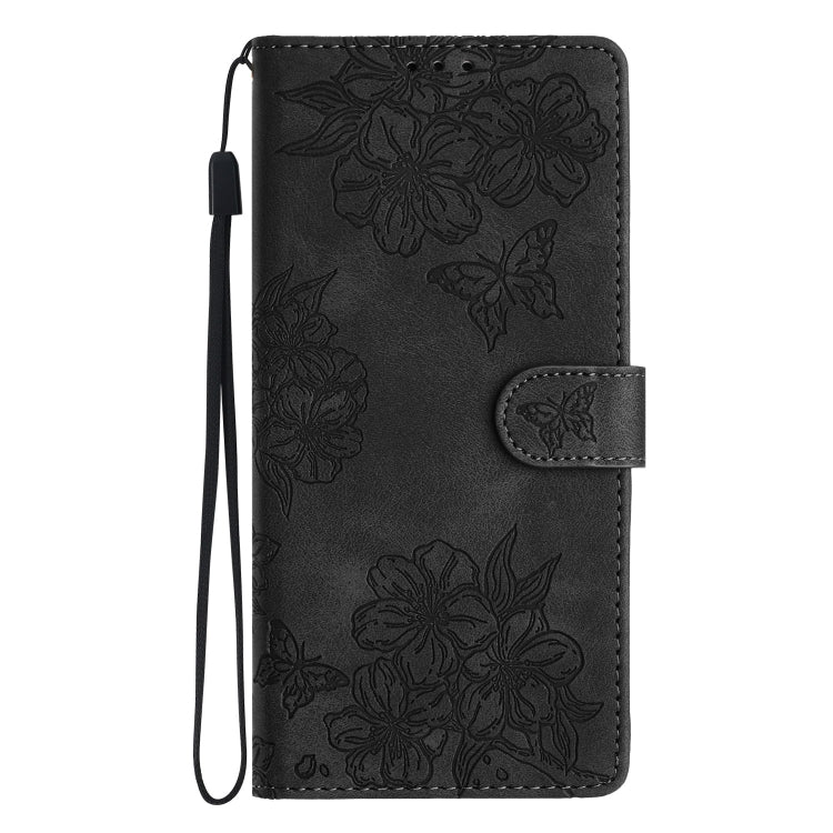 For Samsung Galaxy S25 5G Cherry Blossom Butterfly Skin Feel Embossed PU Phone Case(Black) - Galaxy S25 5G Cases by buy2fix | Online Shopping UK | buy2fix