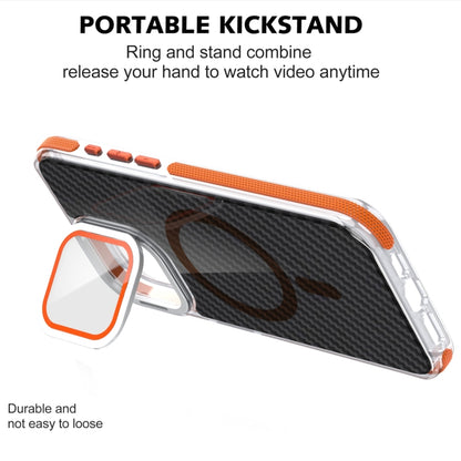 For iPhone 15 Magsafe Dual-Color Carbon Fiber Lens Film Phone Case with Lens Fold Holder(Orange) - iPhone 15 Cases by buy2fix | Online Shopping UK | buy2fix