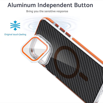 For iPhone 12 Pro Max Magsafe Dual-Color Carbon Fiber Lens Film Phone Case with Lens Fold Holder(Orange) - iPhone 12 Pro Max Cases by buy2fix | Online Shopping UK | buy2fix