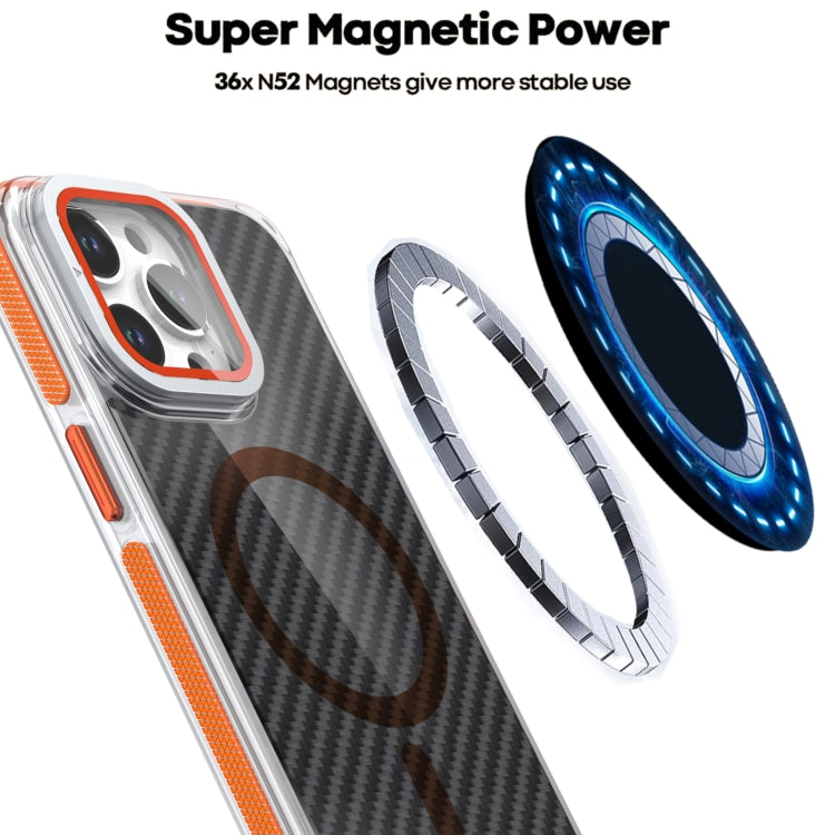 For iPhone 13 Pro Magsafe Dual-Color Carbon Fiber Lens Film Phone Case with Lens Fold Holder(Orange) - iPhone 13 Pro Cases by buy2fix | Online Shopping UK | buy2fix