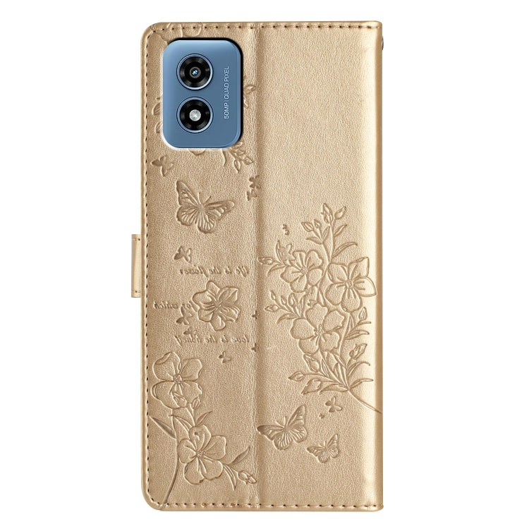 For Motorola Moto G Play 2024 Butterflies and Flowers Leather Phone Case(Gold) - Motorola Cases by buy2fix | Online Shopping UK | buy2fix