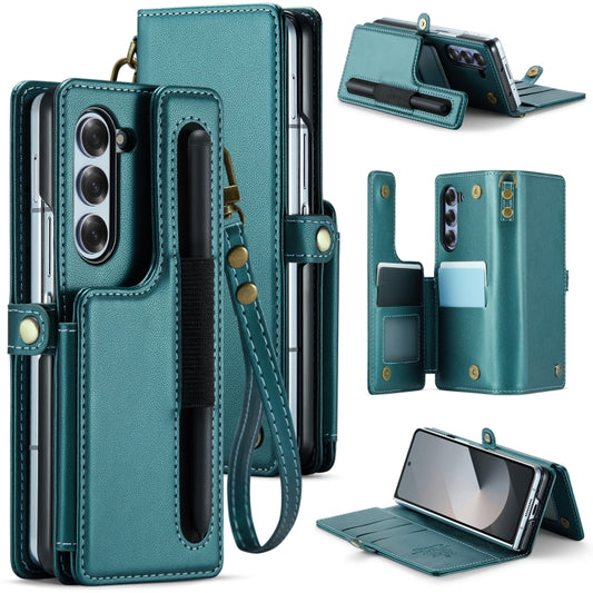 For Samsung Galaxy Z Fold6 5G CaseMe C22 PC+TPU Business Style RFID Anti-theft Lanyard Leather Phone Case with Pen Slot(Blue Green) - Galaxy Z Fold6 5G Cases by CaseMe | Online Shopping UK | buy2fix