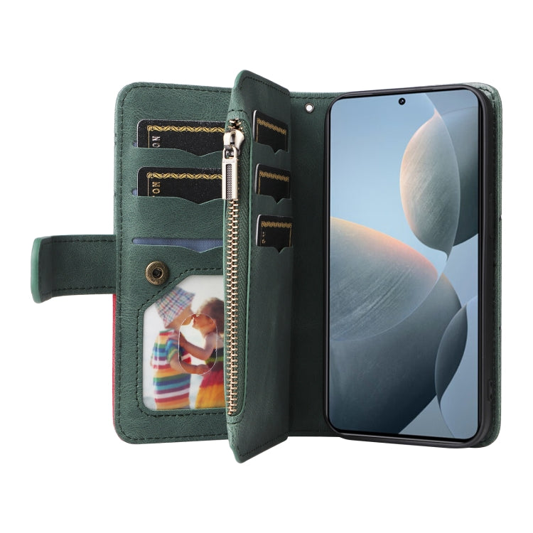 For Redmi K70 Dual-color 9 Card Slots Zipper Wallet Leather Phone Case(Green) - K70 Cases by buy2fix | Online Shopping UK | buy2fix