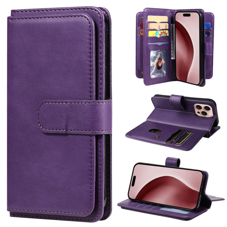 For iPhone 16 Pro Multi-Function Wallet 10 Card Slots Leather Phone Case(Violet) - iPhone 16 Pro Cases by buy2fix | Online Shopping UK | buy2fix