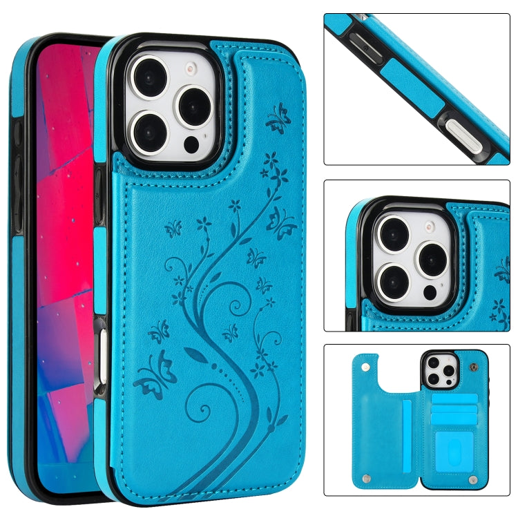 For iPhone 16 Pro Max Double Buckle Butterfly Embossing PU Phone Case(Blue) - iPhone 16 Pro Max Cases by buy2fix | Online Shopping UK | buy2fix