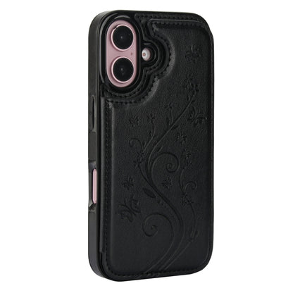 For iPhone 16 Plus Double Buckle Butterfly Embossing PU Phone Case(Black) - iPhone 16 Plus Cases by buy2fix | Online Shopping UK | buy2fix