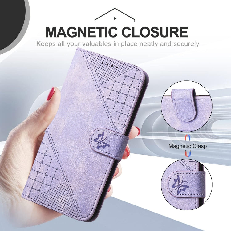 For iPhone 16 YX0080 Grid Butterfly Embossed Pattern Flip Leather Phone Case with Lanyard(Light Purple) - iPhone 16 Cases by buy2fix | Online Shopping UK | buy2fix