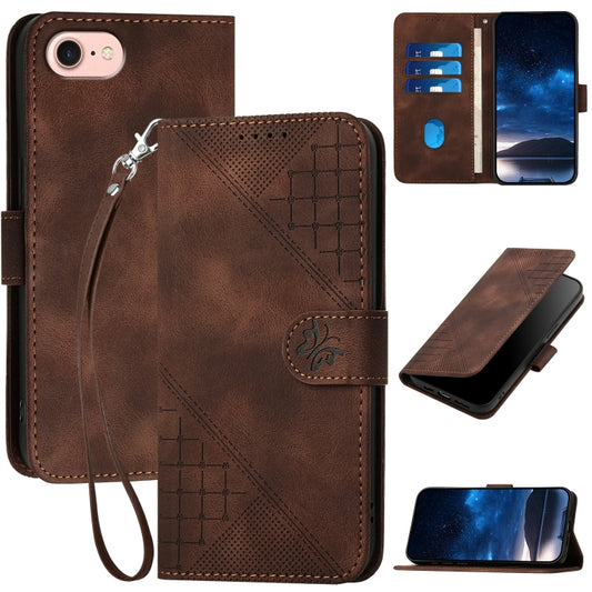 For iPhone SE 2024 YX0080 Grid Butterfly Embossed Pattern Flip Leather Phone Case with Lanyard(Coffee) - More iPhone Cases by buy2fix | Online Shopping UK | buy2fix