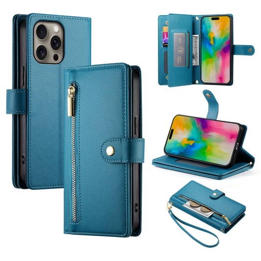 For iPhone 16 Pro Max Nine Card-slot Zipper Wallet Bag Leather Phone Case(Blue) - iPhone 16 Pro Max Cases by buy2fix | Online Shopping UK | buy2fix