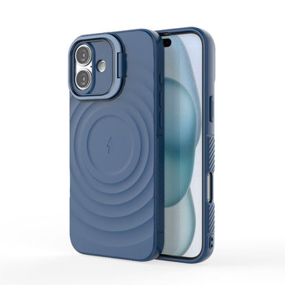 For iPhone 16 Plus Lens Frame Bracket Corrugated MagSafe Phone Case(Dark Blue) - iPhone 16 Plus Cases by buy2fix | Online Shopping UK | buy2fix