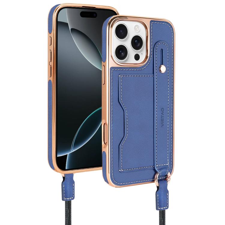 For iPhone 16 Pro VIETAO Card Slot Wristband Phone Case with Lanyard(Blue) - iPhone 16 Pro Cases by VIETAO | Online Shopping UK | buy2fix