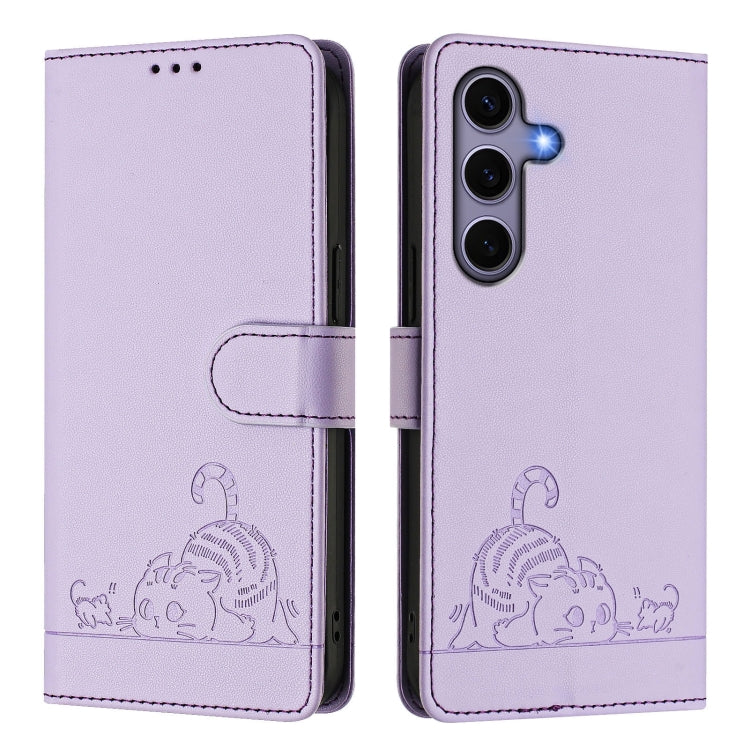 For Samsung Galaxy S25 5G Cat Rat Embossed RFID Leather Phone Case with Lanyard(Purple) - Galaxy S25 5G Cases by buy2fix | Online Shopping UK | buy2fix