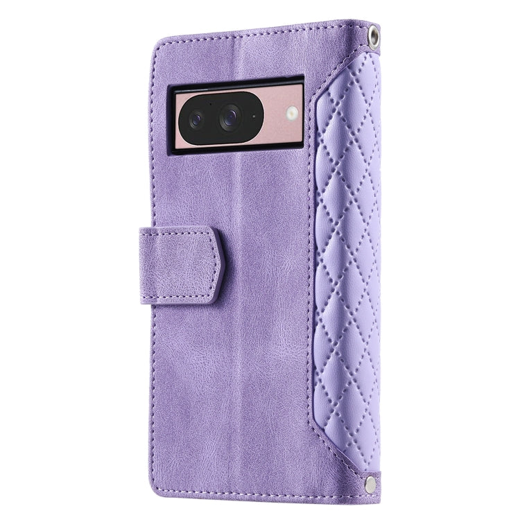 For Google Pixel 9 / 9 Pro Grid Texture Zipper Leather Phone Case with Lanyard(Purple) - Google Cases by buy2fix | Online Shopping UK | buy2fix