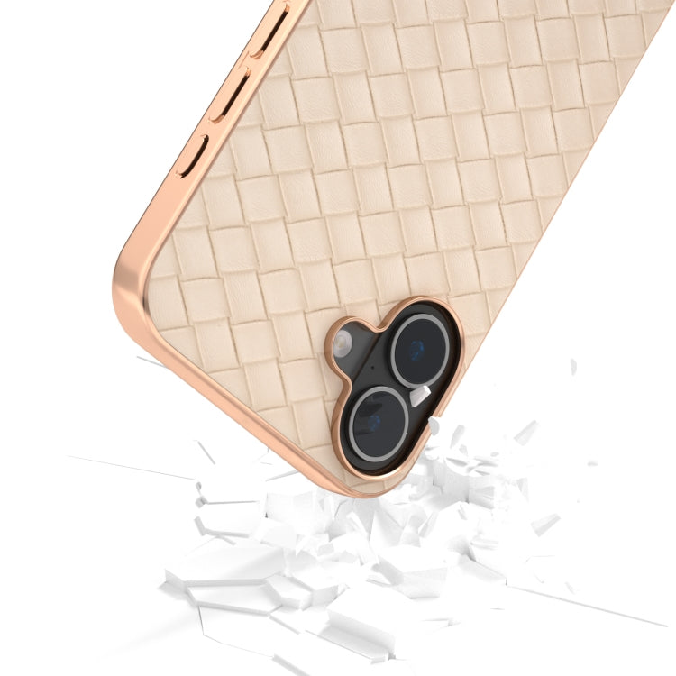 For iPhone 16 Electroplated Frame Woven Texture PU Phone Case(Beige) - iPhone 16 Cases by buy2fix | Online Shopping UK | buy2fix