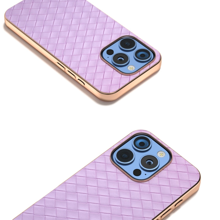 For iPhone 16 Pro Max Electroplated Frame Woven Texture PU Phone Case(Purple) - iPhone 16 Pro Max Cases by buy2fix | Online Shopping UK | buy2fix