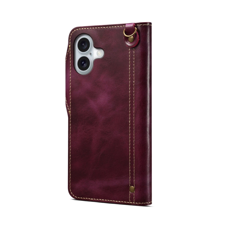 For iPhone 16 Denior B01 Oil Wax Cowhide Magnetic Button Genuine Leather Case(Purple) - iPhone 16 Cases by Denior | Online Shopping UK | buy2fix