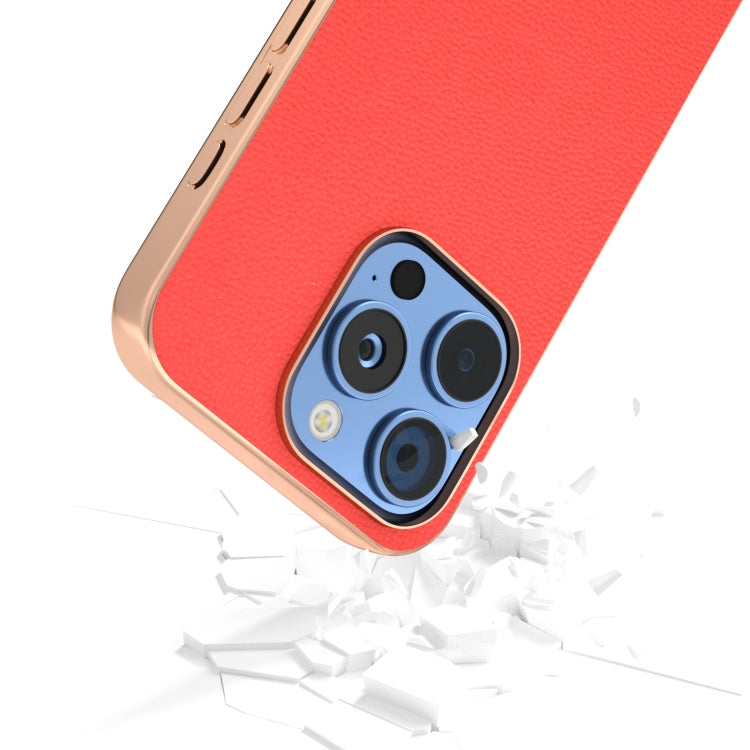 For iPhone 16 Pro Max ABEEL Electroplating Frame Genuine Leather Luolai Series Phone Case(Dark Blue) - iPhone 16 Pro Max Cases by buy2fix | Online Shopping UK | buy2fix