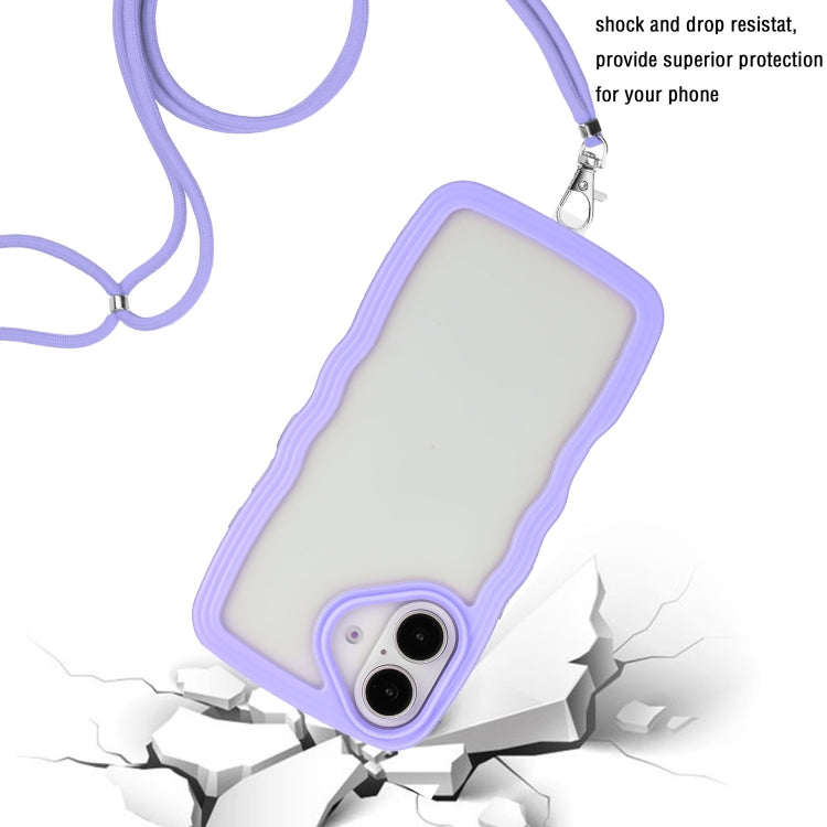 For iPhone 16 Candy Color Wave TPU Clear PC Phone Case with Lanyard(Purple) - iPhone 16 Cases by buy2fix | Online Shopping UK | buy2fix