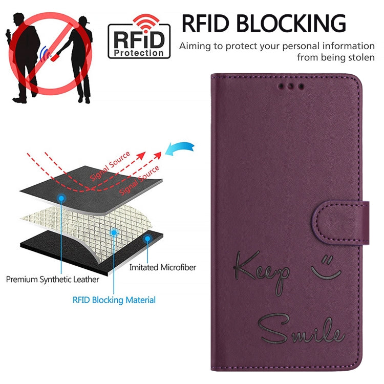 For iPhone SE 2024 Smile Embossing RFID Leather Phone Case(Violet) - More iPhone Cases by buy2fix | Online Shopping UK | buy2fix