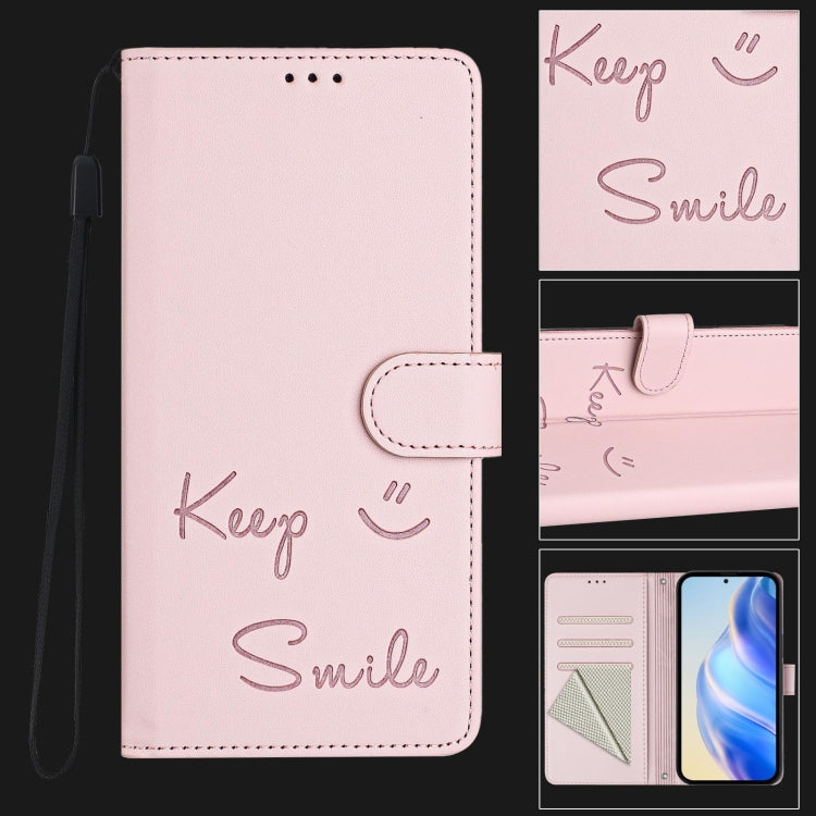 For OnePlus 12 5G Global Smile Embossing RFID Leather Phone Case(Pink) - OnePlus Cases by buy2fix | Online Shopping UK | buy2fix