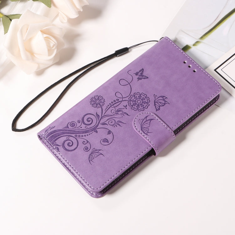 For iPhone 16 Pro Embossed Butterfly Flowers Leather Phone Case(Purple) - iPhone 16 Pro Cases by buy2fix | Online Shopping UK | buy2fix