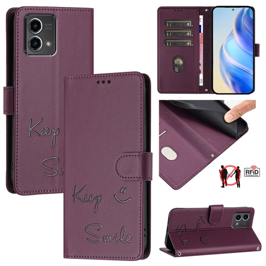 For Motorola Moto G Stylus 5G 2024 Smile Embossing RFID Leather Phone Case(Violet) - Motorola Cases by buy2fix | Online Shopping UK | buy2fix