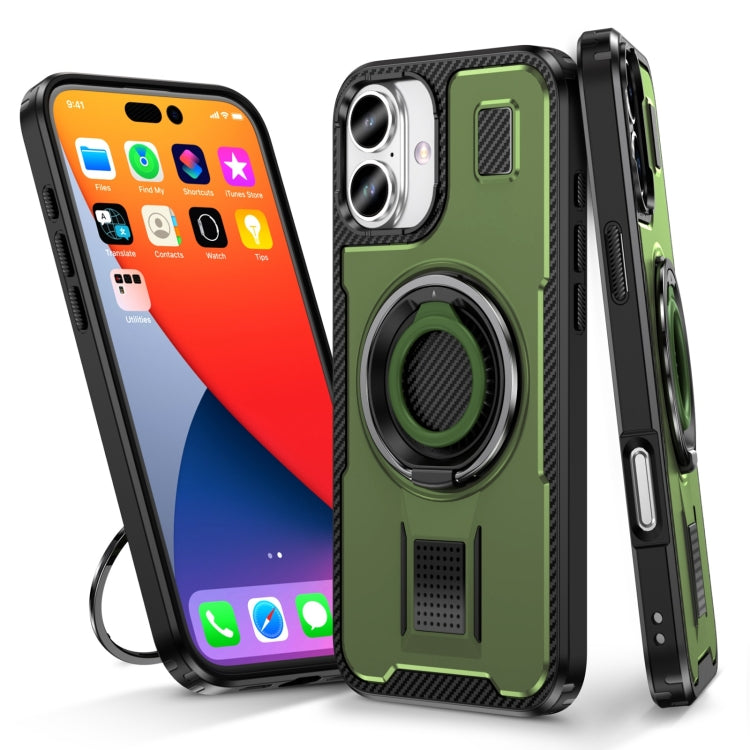 For iPhone 16 Plus Ring Holder Carbon Fiber PC Hybrid TPU Phone Case(Army Green) - iPhone 16 Plus Cases by buy2fix | Online Shopping UK | buy2fix