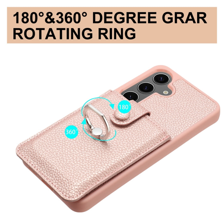 For Samsung Galaxy S25 5G Litchi Texture Drawing Card Bag Ring Holder Phone Case(Rose Gold) - Galaxy S25 5G Cases by buy2fix | Online Shopping UK | buy2fix