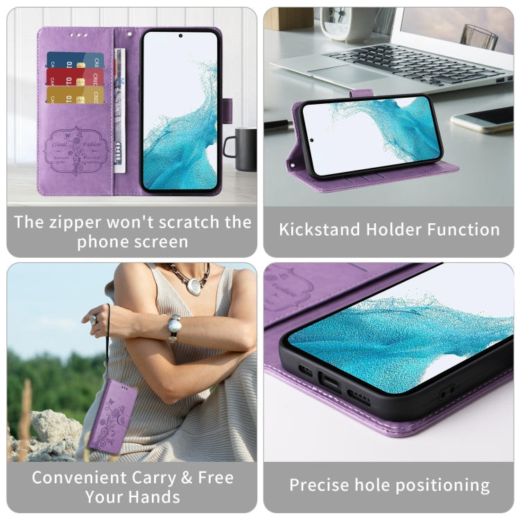 For Google Pixel 9 Pro XL Embossed Butterfly Flowers Leather Phone Case(Purple) - Google Cases by buy2fix | Online Shopping UK | buy2fix