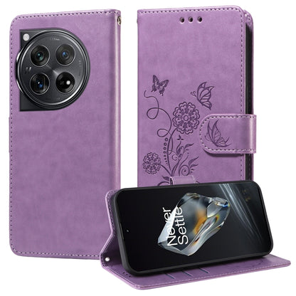 For OnePlus 12 Embossed Butterfly Flowers Leather Phone Case(Purple) - OnePlus Cases by buy2fix | Online Shopping UK | buy2fix