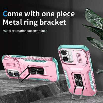 For iPhone 16 Sliding Camshield Holder Phone Case(Pink + Grey Green) - iPhone 16 Cases by buy2fix | Online Shopping UK | buy2fix