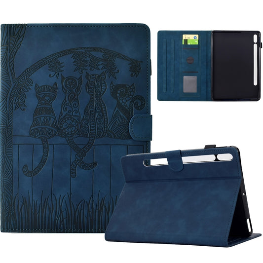 For Samsung Galaxy Tab S8 / S7 Cats Embossed Leather Smart Tablet Case(Dark Blue) - Galaxy Tab S8 Cases by buy2fix | Online Shopping UK | buy2fix