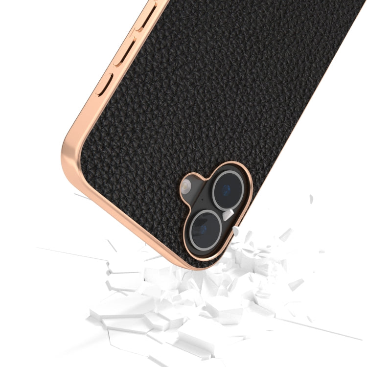 For iPhone 16 Plus ABEEL Electroplating Frame Genuine Leather Litchi Texture Phone Case(Black) - iPhone 16 Plus Cases by buy2fix | Online Shopping UK | buy2fix